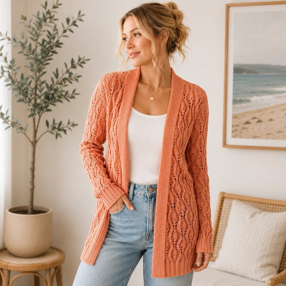 Derek Heart Pointelle Cardigan Peach Open Front Knit Sweater Women's S